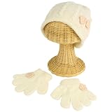 Winter Toddler Girls 2-4 Years Chenille Flower Knit Ski Beanie Hat with Gloves Set Ivory