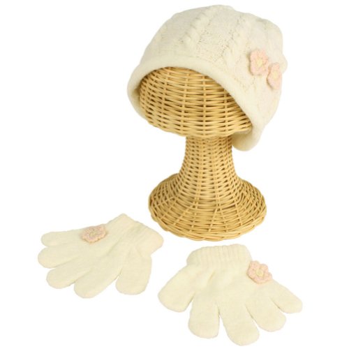 Winter Toddler Girls 2-4 Years Chenille Flower Knit Ski Beanie Hat with Gloves Set Ivory
