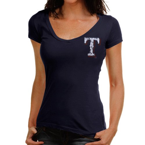 Majestic Threads Texas Rangers Ladies No Strikes Premium V-Neck T-Shirt - Navy Blue (Medium)