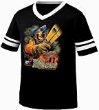 Firefighters To The Rescue V-Neck T-shirt, Firefighter on Ladder With Axe Mens Soccer Style Tee