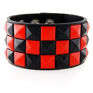 Red/Black Checkered Studded Black Leather Bracelet Home