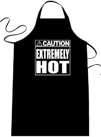 CAUTION - EXTREMELY HOT - Funny Apron; Long Length 30" x Full Width 28" Kitchen Aprons for Men, Women, & Teens (Unisex) One Size Fits Most; Cotton Polyester Blend with Adjustable Neck; Great gift idea.