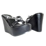 Women's Rhinestone Platform Wedge Thong Sandals Black, 4-10