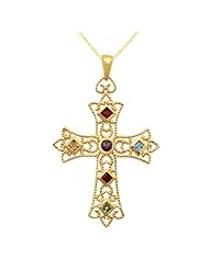 Jewelili 10k Yellow Gold Cross Pendant with Genuine Multiple Color Stones. 18" chain included