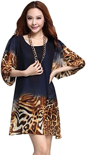 Women Chiffon Leopard Striped Print Short Cocktail Dress Plus Size (Blue, XXXL)