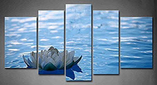 Flora Woods Painting 5 Panels Blue Artificial Water Lilly Floating On Blue Water Painting Print On Canvas Flower Picture Modern Painting