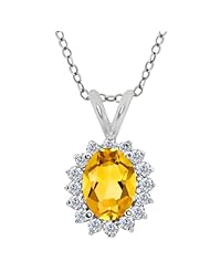 1.57 Ct Oval Yellow Citrine and White Diamond 18K White Gold Pendant 18" Chain