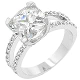 White Gold Rhodium Bonded Cocktail Ring with a 5ct Prong Set Asscher Cut Clear Cz Above a Double Band of Channel Set Round Cut Clear Cz in Silver Tone Women's Jewelry
