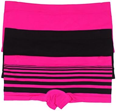 3 Pack Seamless Polyamide Elastane Soft Feel Boyshort Hipster Panties (Large, Fuschia/Stripe/Black)