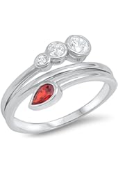 Round Cubic Zirconia & Pear Simulated Garnet .925 Sterling Silver Ring Sizes 5-10