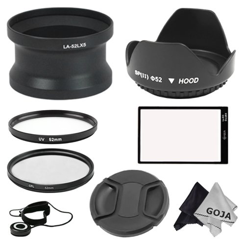 Essential Accessory Kit for PANASONIC Lumix DMC-LX5 - Includes: 52MM Aluminum Lens Adapter Tube + Tulip Flower Lens Hood + UV and CPL Filters + LX5 Glass LCD Screen Protector + Center Pinch Lens Cap + Lens Cap Keeper Holder + 2 Premium Goja Microfiber Cleaning Cloths