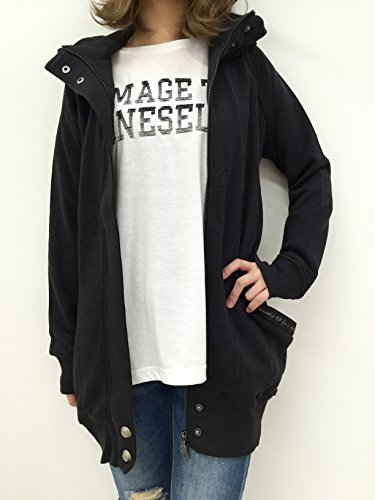 ロジャーアンドロウ（Roger＆Raw）衿 ハイネック デザイン ポケット ロゴ 刺繍 リブ 切替 長袖 ZIP ファスナー 裏毛 ロング パーカー 21640016 グレー ブラック LOOP 小松