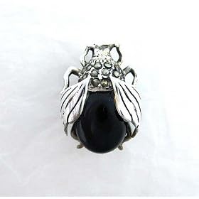 Sterling Silver Marcasite Onyx Beetle Brooch