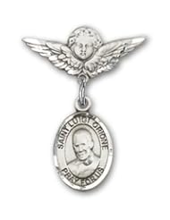 Sterling Silver Baby Badge with St. Luigi Orione Charm and Angel with Wings Badge Pin