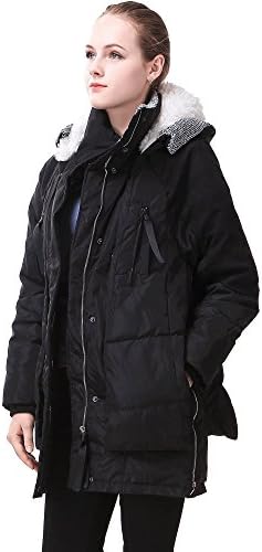Miya Women's Thickened Hooded Down Jacket Long Sections with Fur Collar, Black, Medium