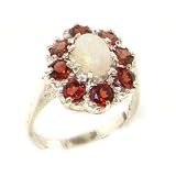 Luxury Ladies Solid 14K White Gold Natural Opal & Garnet Large Cluster Ring - Finger Sizes 5 to 12 Available