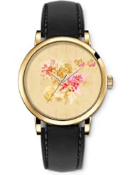 SPRAWL Aanalog Fashion Series Gold Ladies Watches of Genuine Black Leather Strap,Unique Wrist Watch for Women Girls Designed with Floral pattern on beige background