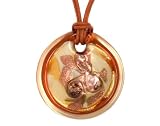 Gold Overlay Sterling Silver Yellow-Tone Round Murano Glass Pendant w/ Light Brown Cord