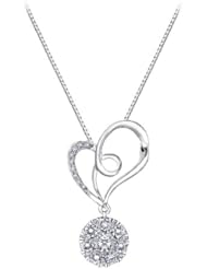 18K White Gold Ribbon Heart Cluster Round Diamond Accents Pendant With 925 Sterling Silver Chain (16") (0.36 cttw, G-H Color, VS2-SI1 Clarity)