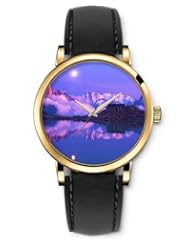 SPRAWL Aanalog Fashion Series Gold Ladies Watches of Genuine Black Leather Strap,Unique Wrist Watch for Women Girls Designed with Landscape at Twilight