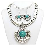 Silvertone Chunky Turquoise Necklace and Earrings Set Jewelry