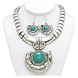 Silvertone Chunky Turquoise Necklace and Earrings Set Jewelry