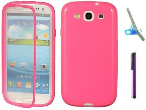 Premium Samsung Galaxy S3 TPU Skin Phone Protector Case With Screen Protector Cover And Purple Touch Screen Stylus Pen, Phone Stand S III I747 / I9300 (Pink)