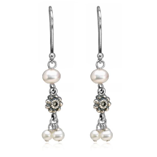 Sterling Silver Marcasite Pearl Bead Wire Earrings