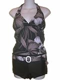 Womens Marina West 2 Piece Grey Floral Tankini with Black Boyshorts Swimsuit