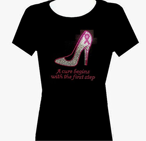 Rhinestone Breast Cancer Ribbon First Step Top Shirt Cure T Shirt. Size: S to 3xl