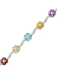 Sterling Silver 7.25 Inch Multi-color CZ Floral Bracelet - 7.25 Inch