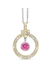 Elegant Bow Twin Circle Diamond Pendant In 18K Yellow Gold With A 0.32 ct. Genuine Pink Tourmaline Center Stone.