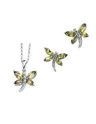 14K White Gold Peridot and Diamond Dragonfly Earrings and Necklace Set -- LIFETIME WARRANTY