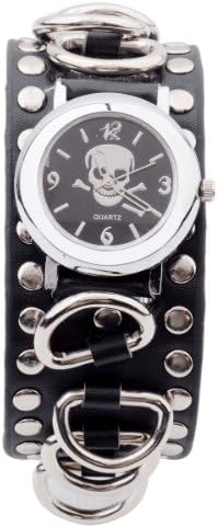 Hydia Watches Mens Bracelet Black Leather Rivets Studded Gothic Punk Quartz Watch Skull Dial