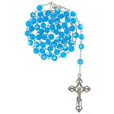 Light Blue Fiber Optic Rosary - 8mm Bead - Virgen Mary Centerpiece - Ornate Crucifix - 31'' Necklace, 22'' Overall Length