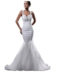 Satin Mermaid Backless Lace Beaded Wedding Party Dress  with a Court Train 