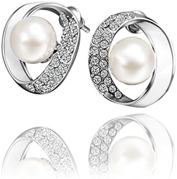 DUMAN 18K White Gold Plated Earrings Enamel Crystal Circle Pearl Stud Earrings Health Jewelry Nickel Free