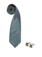 SILVIO SILVANI Pack Corbata Verde Con Topos Blancos + Gemelos Con Piedra Verde