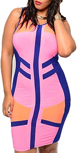 DHStyles Women's Plus Size Sexy Slinky Fitted Color Block Club Dress-3X - Royal,Pink