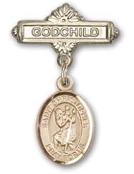 14K Gold Baby Badge with St. Christopher Charm and Godchild Badge Pin