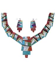 Sterling Silver Multicolor Inlay Link Necklace Earrings Set FX24475