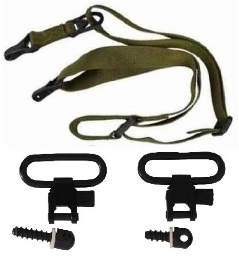 Ultimate Arms Gear Heavy Duty Set of Two QD Quick Detach Black Steel 1" (1 Inch) Slot Loop Detachable 1/2-Inch and 3/4-Inch Wood Screws Studs Type Swivels with Spacers to any Bolt Action Rifle Or Shotgun To Allow Attachment of Strap + OD Olive Drab Green Multi Adjustable Strap for Ruger 1022, 10/22 10-22, Mini 14, Mini-14, SR556, SR-556, SR22, SR-22 Rifle 12/20 Gauge Shotgun