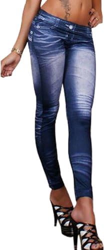 Women Denim Print Fake Jeans Look Footless Ankle Leggings Pants