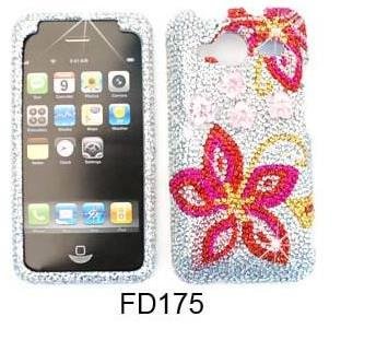 HTC E VO SHIFT 4G FULL DIAMOND CRYSTAL PINK FLOWERS ON WHITE SNAP ON, CASE, COVER, FACEPLATE
