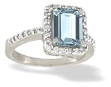 14K White Gold Genuine Emerald-cut Aquamarine and Diamond Ring