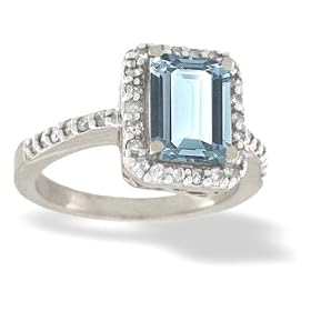 14K White Gold Genuine Emerald-cut Aquamarine and Diamond Ring by Jewels For Me