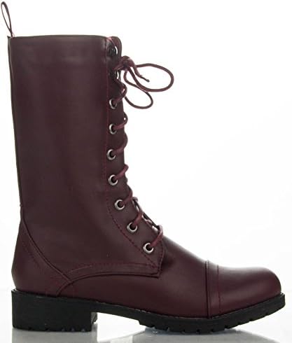 Women's Military Combat Colored Lace Up Mid Calf Boots With Zipper Closure NEW WINE PU (9)