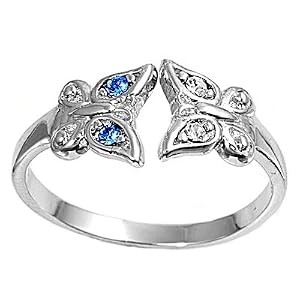 Sterling Silver Fashion Toe Ring -Butterflys with Blue Sapphire and Clear CZ - 2mm Band Width