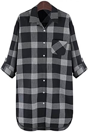 Chris Women's Boyfriend Plaid Lapel Collar Long Sleeve Roll Up Long Shirt Top 3X-Large