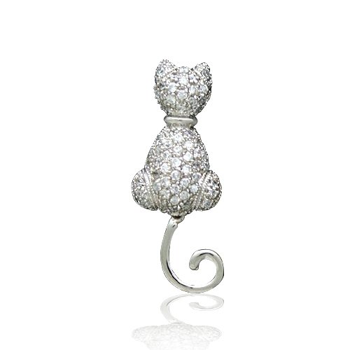 Bling Jewelry Sterling Silver Curled Tail CZ Pave Cat Brooch Pin